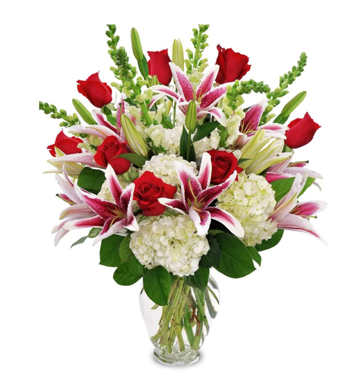 flower bouquet of stargazer lily white hydrangea and snap dragon